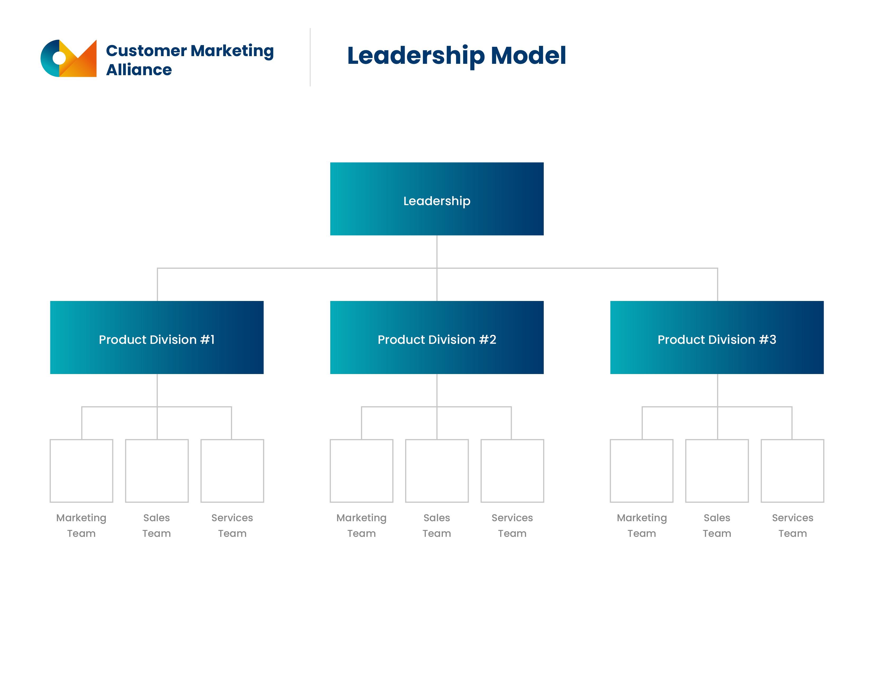 Chart showing the product/brand structure. From leadership to Product division, to marketing, sales, and services teams.