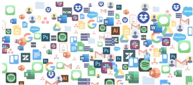 Graphic image showing a collection of company logos all overlapping - including WhatsApp, Google, Spotify, and photoshop among others.